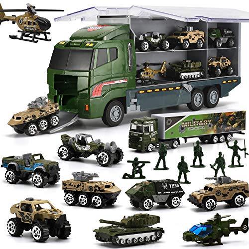 26 Pcs Military Truck w/ Soldier Men Set(2 in 1), Mini Die-cast Battle Car in Carrier Truck, Army Toy