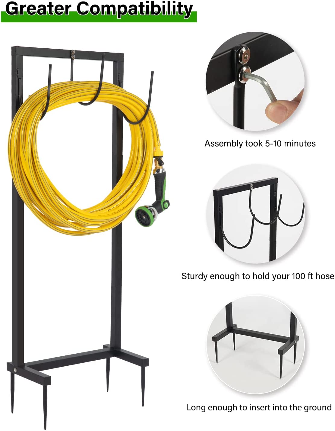 Detachable Garden Hose Holder Freestanding Thicker Metal Hose Stand Securely Hold Hose 3/4 inch x 100 ft