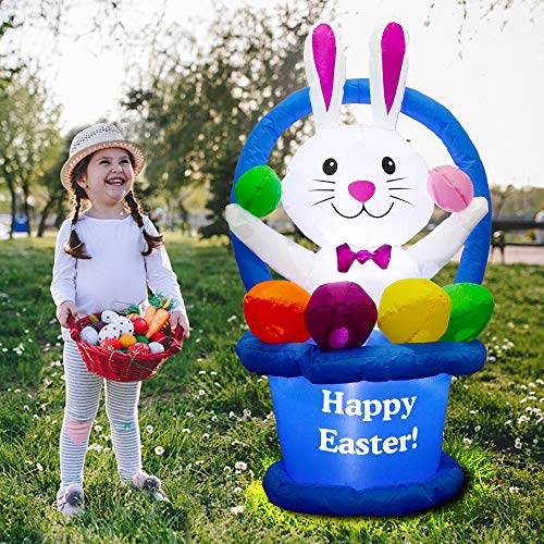 5ft Easter Inflatable Bunny in Egg Basket w/ LEDs for Home Decoration