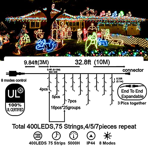 400 LED 32.8 FT 8 Modes 75 Drops Fairy String Curtain Lights for Christmas Decor