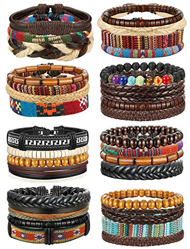 31 Pcs Braided Leather Bracelets for Men Women Wooden Beads