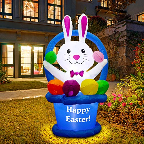 5ft Easter Inflatable Bunny in Egg Basket w/ LEDs for Home Decoration