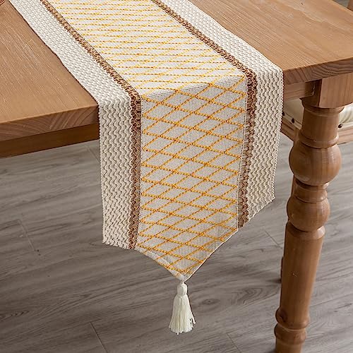 Table Runner, Boho Style with Tassels, Cotton & Linen, Farmhouse Home Decor for Living Room Dresser Scarfs