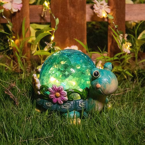 Garden Turtle Statue Outdoor Figurine Glass Solar Lights Decor