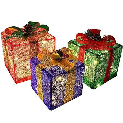 Twinkle Star Set of 3 Christmas Lighted Pop Up Gift Boxes Decorations, Tinsel Present Box, Pre-lit 60 LED Light