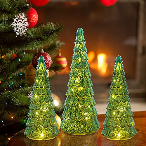 3 pcs Sparkling Glass Christmas Tree w/ LED Lights & Timer