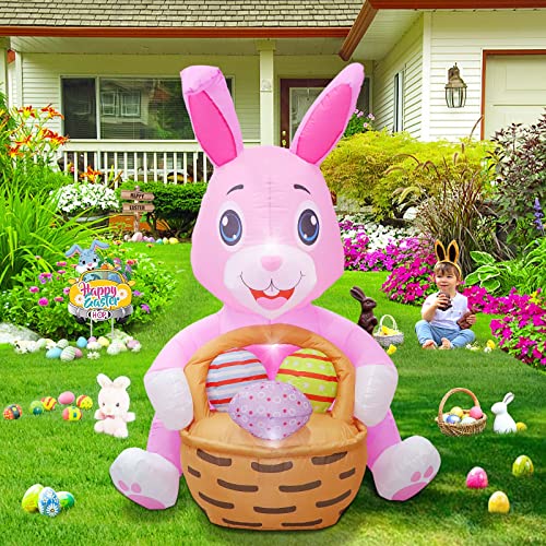 6FT Easter Inflatables Pink Bunny Outdoor Decor w/ Build-in LED Light