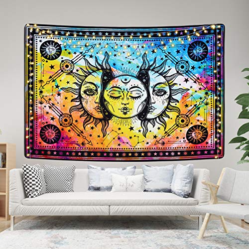 Psychedelic Burning Sun and Moon Colorful Starry Mystic Tapestry