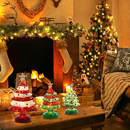 3 pcs Sparkling Mini Colorful Glass Christmas Tree w/ LED Lights & Timer