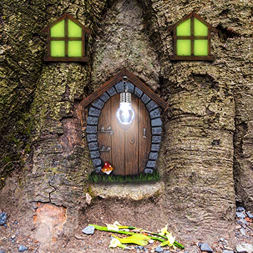 Fairy Gnome Home Miniature Window & Door w/ Litter lamp for Trees Decoration - Glow in Dark