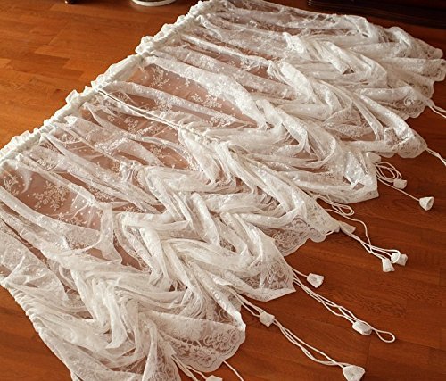 Lace Balloon Curtain White Adjustable Tie-Up Curtain Shade, Embroidered Semi Sheer 1 Panel