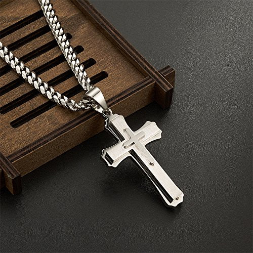 Cross Pendant Necklace Stainless Steel Double Cross Necklace with 24 inches Cuban Link Chain