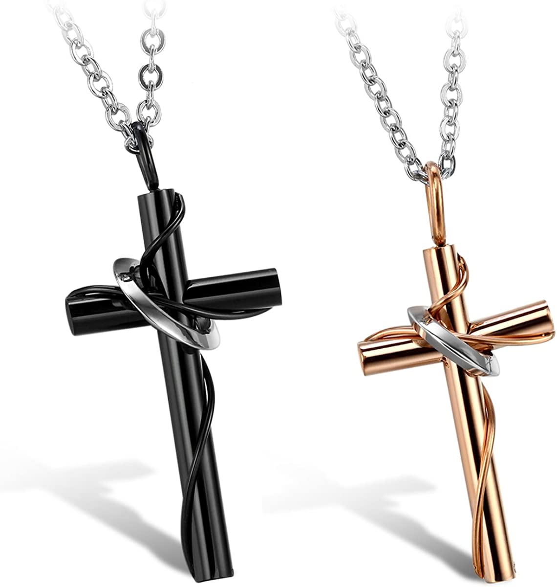 2 Pcs Stainless Steel His Hers Cross Pendant Necklace Black, Gold