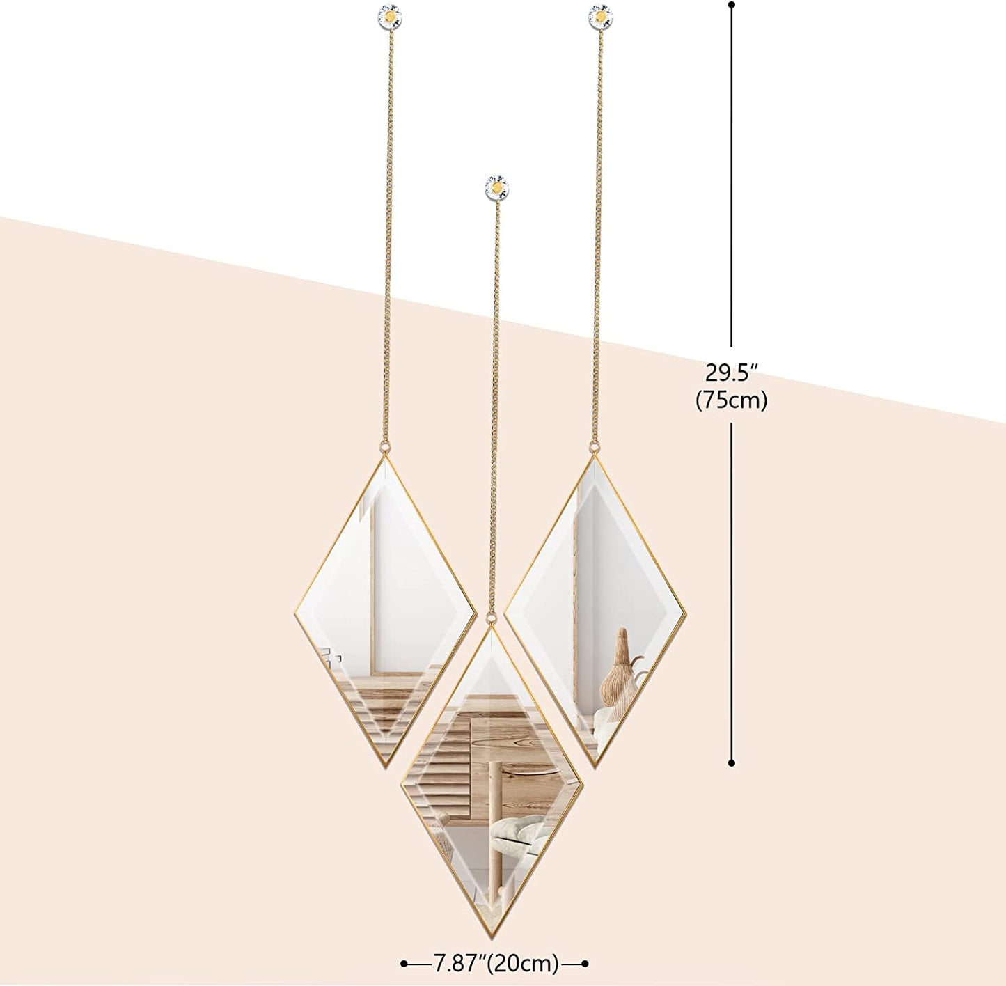 Diamond Wall Mirror, Set of 3 for Home Decoration Gold with Hanging Chain