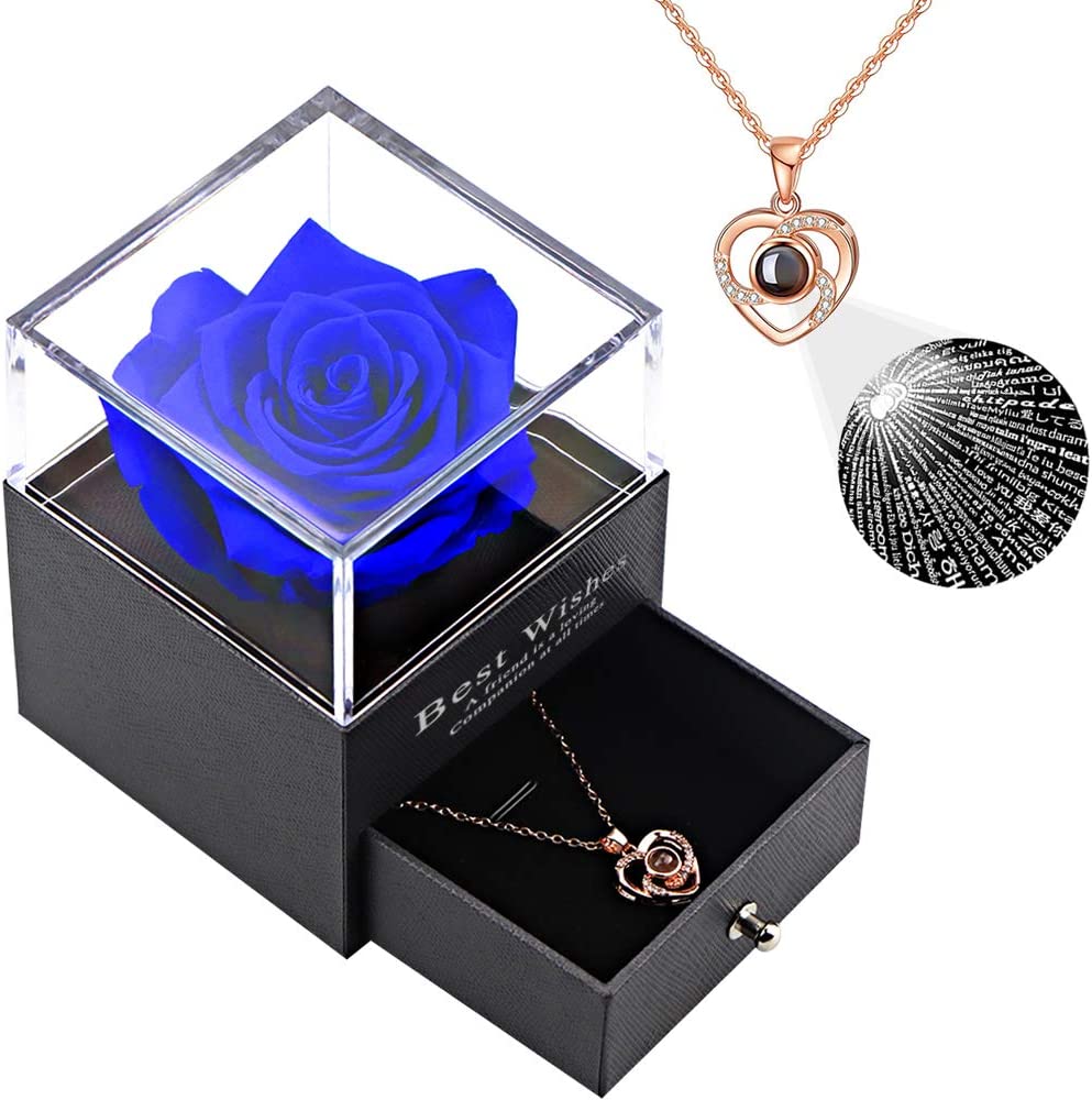 Preserved Flower Rose Gift Pack w/ 100 Languages I Love You Necklace Gift, Blue Rose