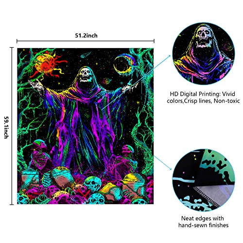 Blacklight Skull Tapestry UV Reactive Sun Moon Tapestries Gothic Wizard Skeleton Tapestry Colorful Witchy