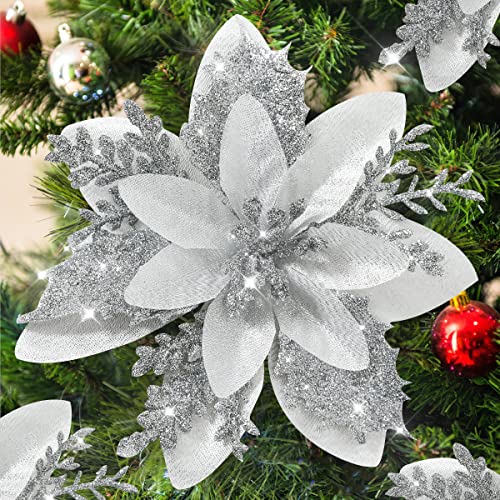 24pcs Poinsettia Artificial Christmas Flowers Decorations w/ Clips & Stem