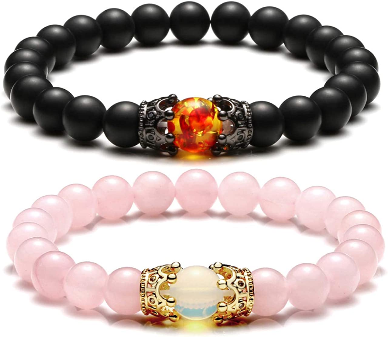 King & Queen Crown Couple Bracelets 8mm Natural Stone, #8 Matte Agate+Rose Quartz