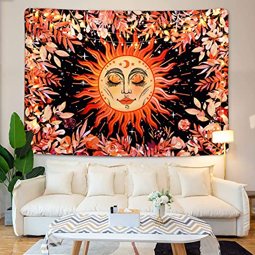 Psychedelic Burning Sun & Plant Leaves Mystical Moon Stars Colorful Mandala Tapestry