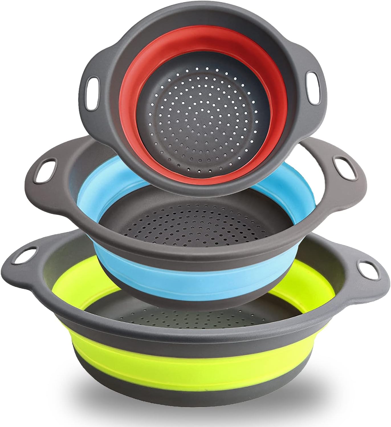 Foldable Silicone Large Food Strainer Set (3 Pieces) - Perfect for Draining Pasta, Noodles, Veggies and Fruits - Foldable Kitchen Colander Kit. (Green, blue, purple)