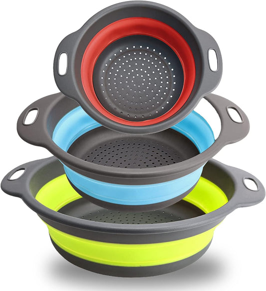 Foldable Silicone Large Food Strainer Set (3 Pieces) - Perfect for Draining Pasta, Noodles, Veggies and Fruits - Foldable Kitchen Colander Kit. (Green, blue, purple)