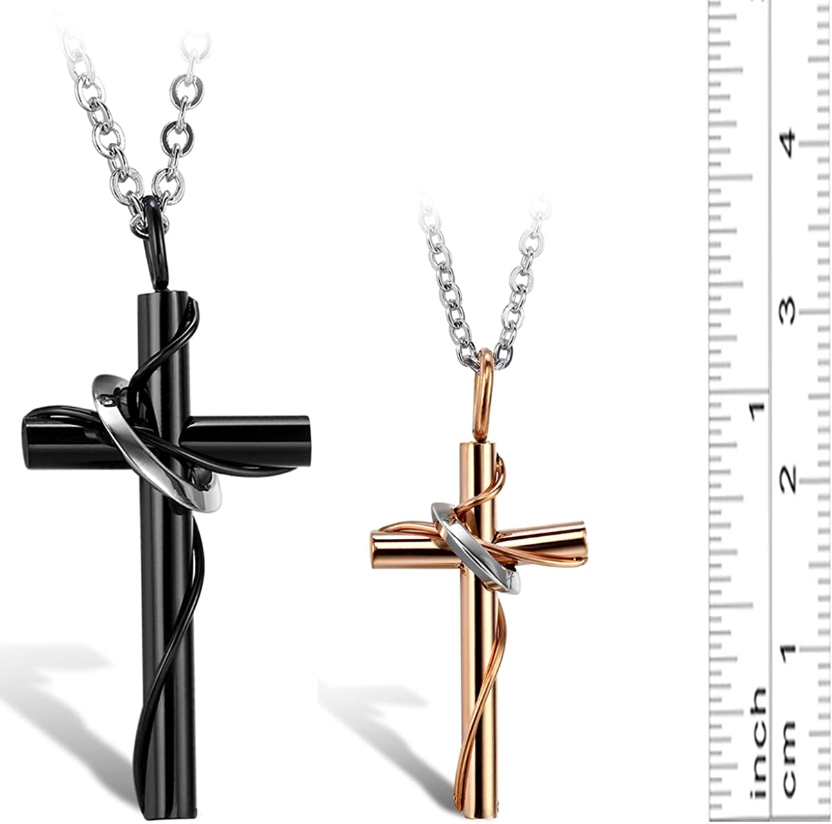 2 Pcs Stainless Steel His Hers Cross Pendant Necklace Black, Gold