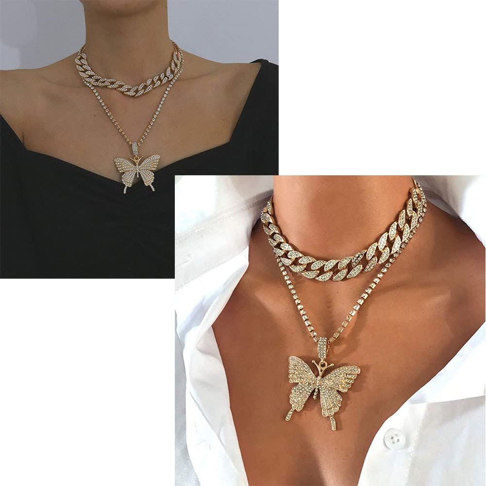 Layered Necklace for Women Butterfly Chunky Choker Link Chain CZ Daimend Pendant Necklace Handmade Dainty Layering Necklaces