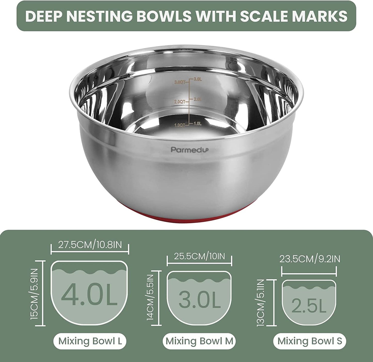 5-in-1 Multifunction Large 304 Stainless Steel Mixing Bowl Set, 3 Deep Nesting Salad Bowls Size 4QT, 3QT, 2.5QT & Colander & Grater