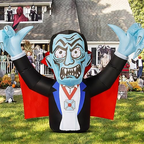 Halloween Inflatables Outdoor Decorations Vampire with Red Cloak, Blow Up Yard Decoration with Build-in LED Lights