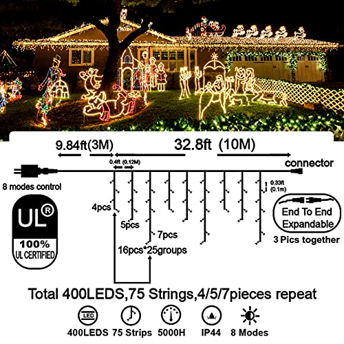 400 LED 32.8 FT 8 Modes 75 Drops Fairy String Curtain Lights for Christmas Decor