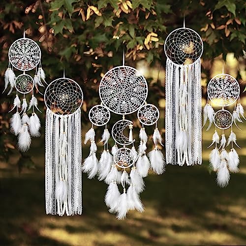 5 Pack Dream Catcher Moon and Sun Design Boho Wall Hanging Decor Handmade Traditional Feathers