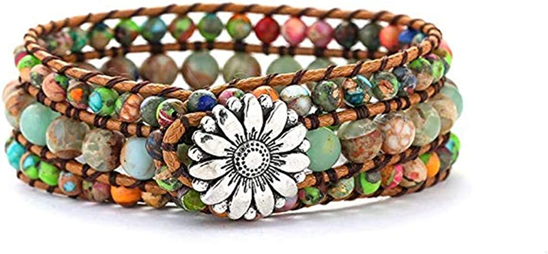 Boho Handmade Natural Stone Bead 3 Row Wide Wrap Wrist Bracelet