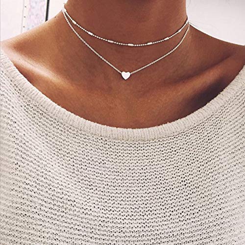 Silver Heart Layered Choker Necklace for Women