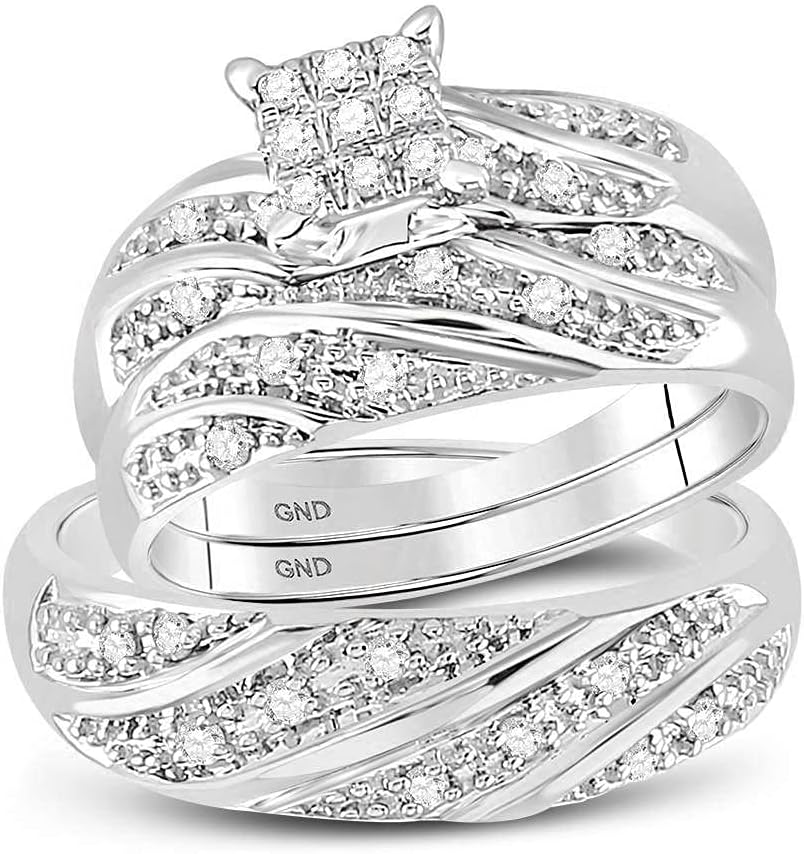 14k White Gold Mens and Ladies Couple His & Hers Trio 3 Three Ring Bridal Matching Engagement Wedding Ring Band Set - Round Diamonds - Princess Shape Center Setting (1/4 cttw) - Please use drop down menu to select your desired ring sizes