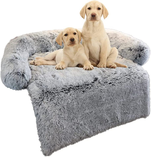 Medium Calming Dog Bed Fluffy Plush Dog Mat w/ Removable Washable Cover (41x37x6), Light Grey