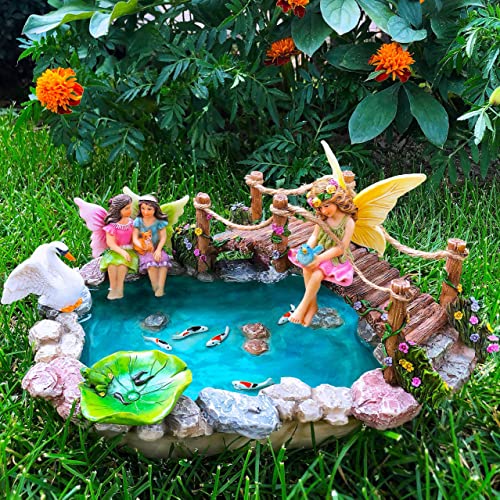 Girl Stuff Mood Lab Fairy Garden Pond Kit - 6-Piece Miniature Set With Bridge, Koi Pond & Figurines Fairy Garden Set