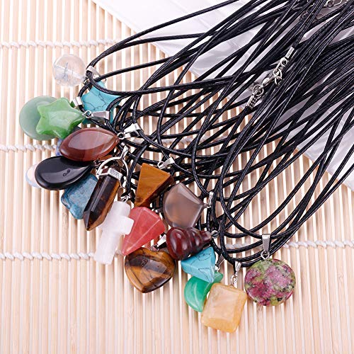 60pcs Natural Stone Pendants Charms Chakra Stone Beads Necklace w/ Leather Cord