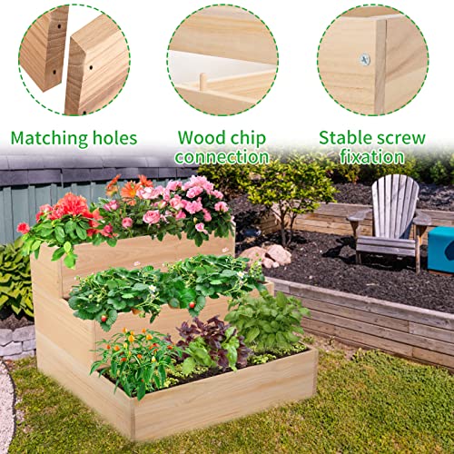 3 Tier Wooden Raised Plant Grow Box, 15.7" × 15.7" × 16.5" Elevated Planter