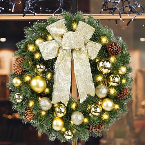 Christmas Wreath with Metal Hanger, Pre-lit Xmas Wreath with Large Golden Bow & Balls, 8 Modes & Timer,