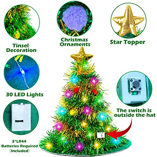 2 Pack Christmas Tree Santa Hat w/ Tinsel 30 LED Colorful Light