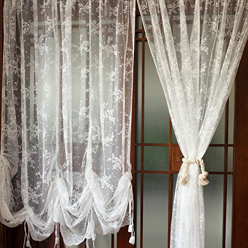 Lace Balloon Curtain White Adjustable Tie-Up Curtain Shade, Embroidered Semi Sheer 1 Panel