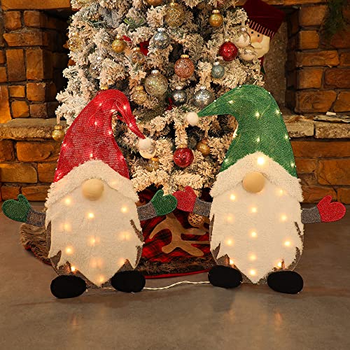 24 inch Set of 2 Lighted Christmas Tinsel Gnomes Decorations,