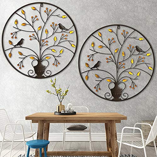 Iron Wall Sculptures - Metal Round Wall Decoration w/ Tree & Bird-Brown