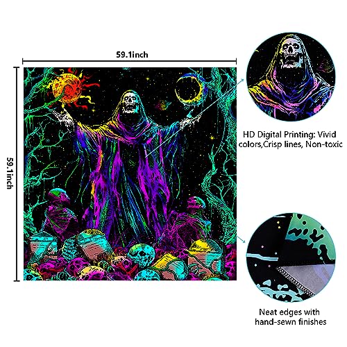 Blacklight Skull Tapestry UV Reactive Sun Moon Tapestries Gothic Wizard Skeleton Tapestry Colorful Witchy