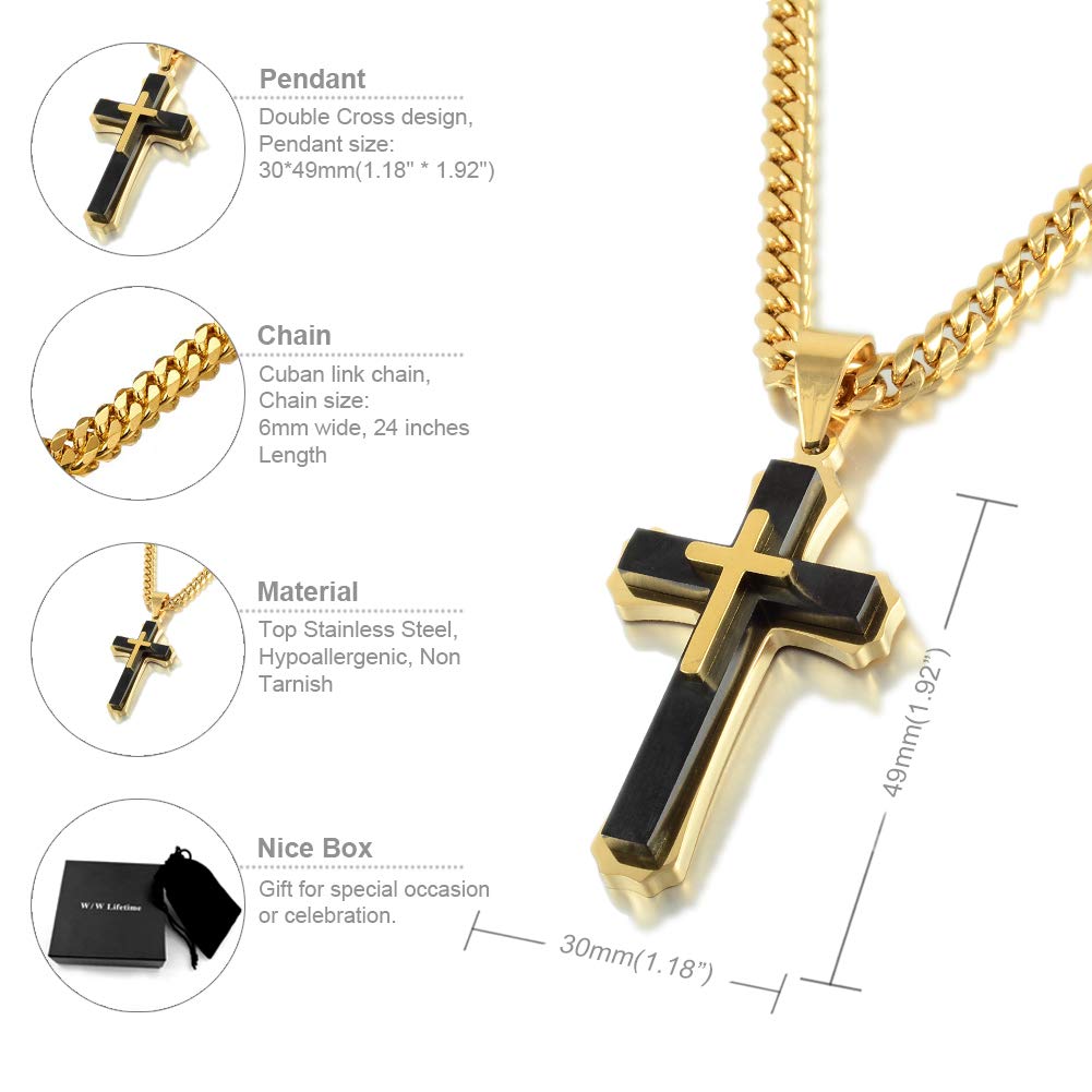 Cross Pendant Necklace Stainless Steel Double Cross Necklace with 24 inches Cuban Link Chain