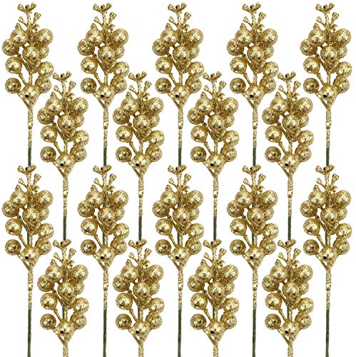 Glitter Berry Stems-20 Pcs 7.8 Inch Artificial Christmas Tree Picks Decoration