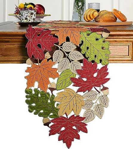 Fall Table Runner 54inches Long, Thanksgiving Harvest Cutwork Embroidered Table Runner 13in x 54in, Autumn Maple Leaves Table Decoration for Home Dining Kitchen Table