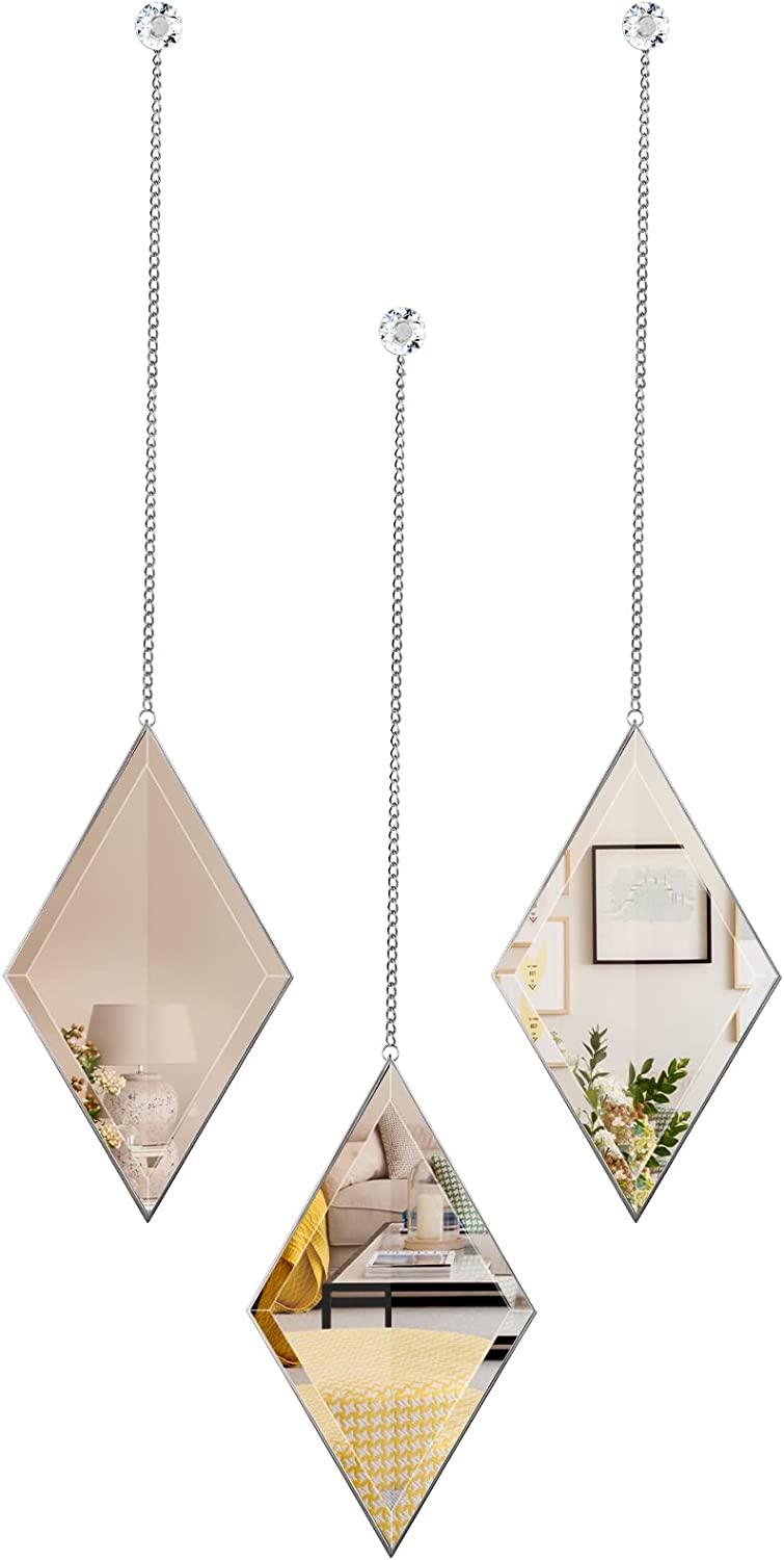 Diamond Wall Mirror, Set of 3 Home Decor Silver Mirror w/ Hanging Chain