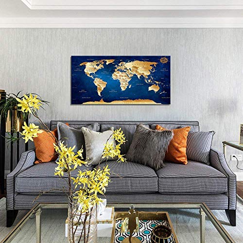 Wall Art Blue World Map Painting Ready to Hang -20" x 40"  Framed