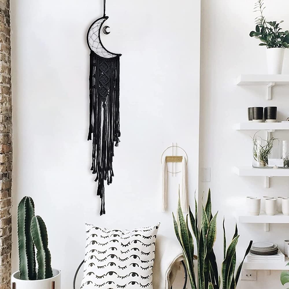 Moon Star Macrame Woven Dreamcatcher w/ Light, Bohemian Wall Hanging Decoration (Black Moon)